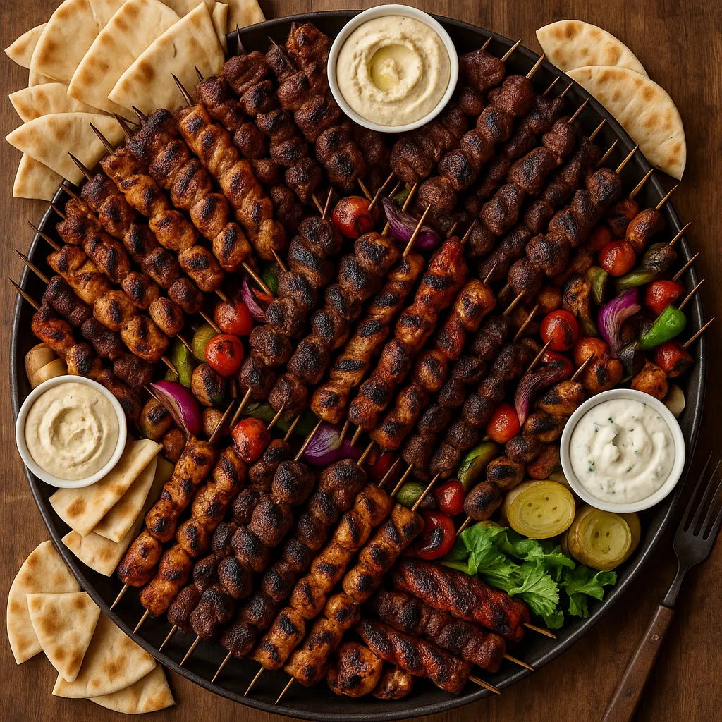 Platter of grilled skewers with bread and dips on a wooden table