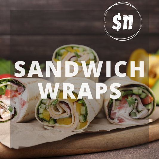 A set of sandwich wraps cut in half, displaying meats and vegetables, wrapped in pita bread, with a price tag of $11.