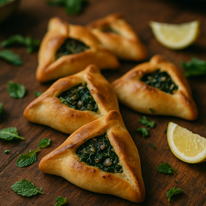 Triangular pastries with green fillings on a wooden surface with lemon wedges and mint leaves.