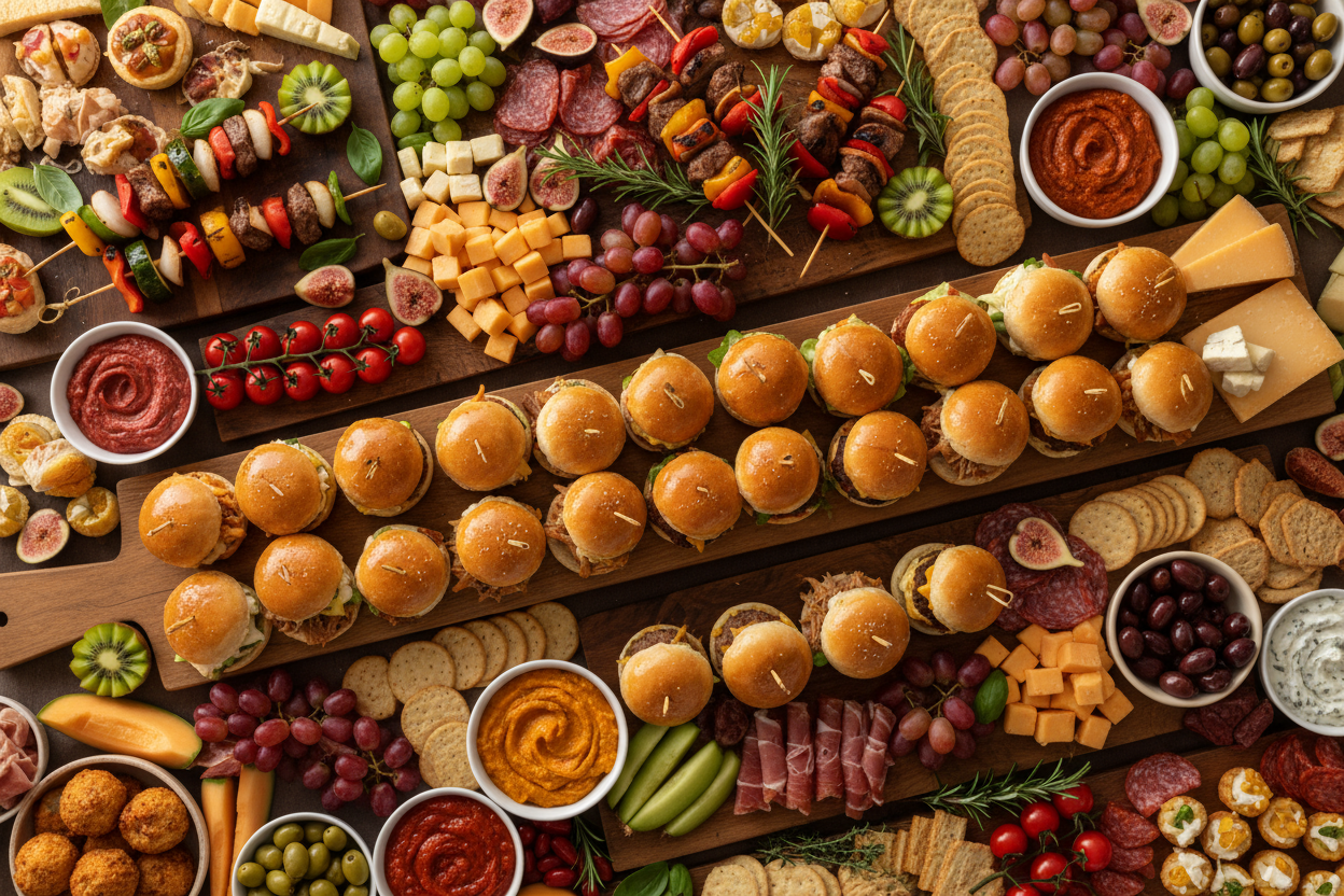 finger food grazing table with skewers, kebabs and slider sandwiches and much more