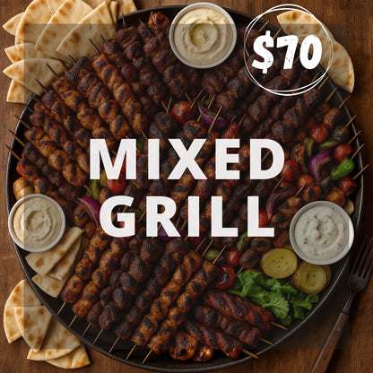 Platter of mixed grill with skewers, bread, and dips on a wooden surface, priced at $70.