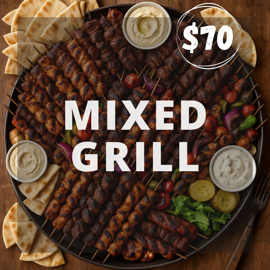 Platter of mixed grill with skewers, bread, and dips on a wooden surface, priced at $70.