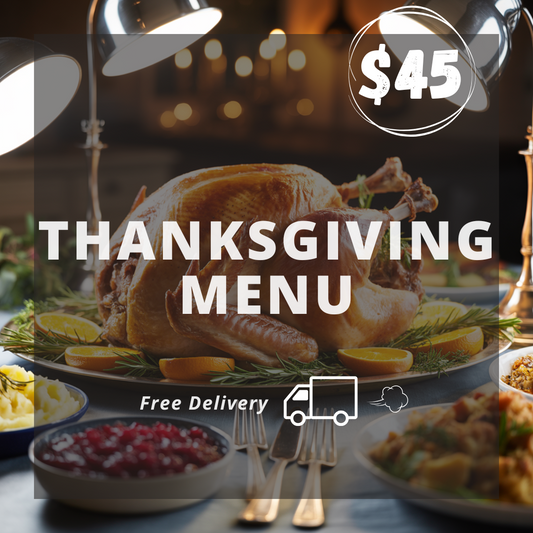 Thanksgiving menu roasted turkey with side dishes, featuring a price of $45 and free delivery offer.
